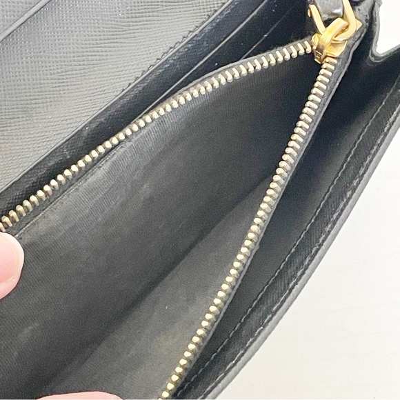 Prada black saffiano leather triangle long snap wallet sleek gold - Picture 7 of 11